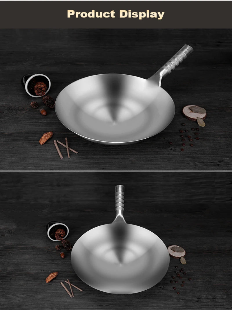 مقلاة منزلية محمولة بمقبض واحد غير مطلية سميكة مقلاة 34 سم قاع دائري من الفولاذ المقاوم للصدأ لا تصدأ ووك للغاز