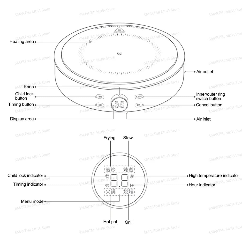 موقد سيراميك كهربائي من شاومي ميجيا، 10 مستويات طاقة مع قفل أمان للأطفال، مؤقت، طباخ حثي بقوة 2200 واط، إصدار صيني مع محول