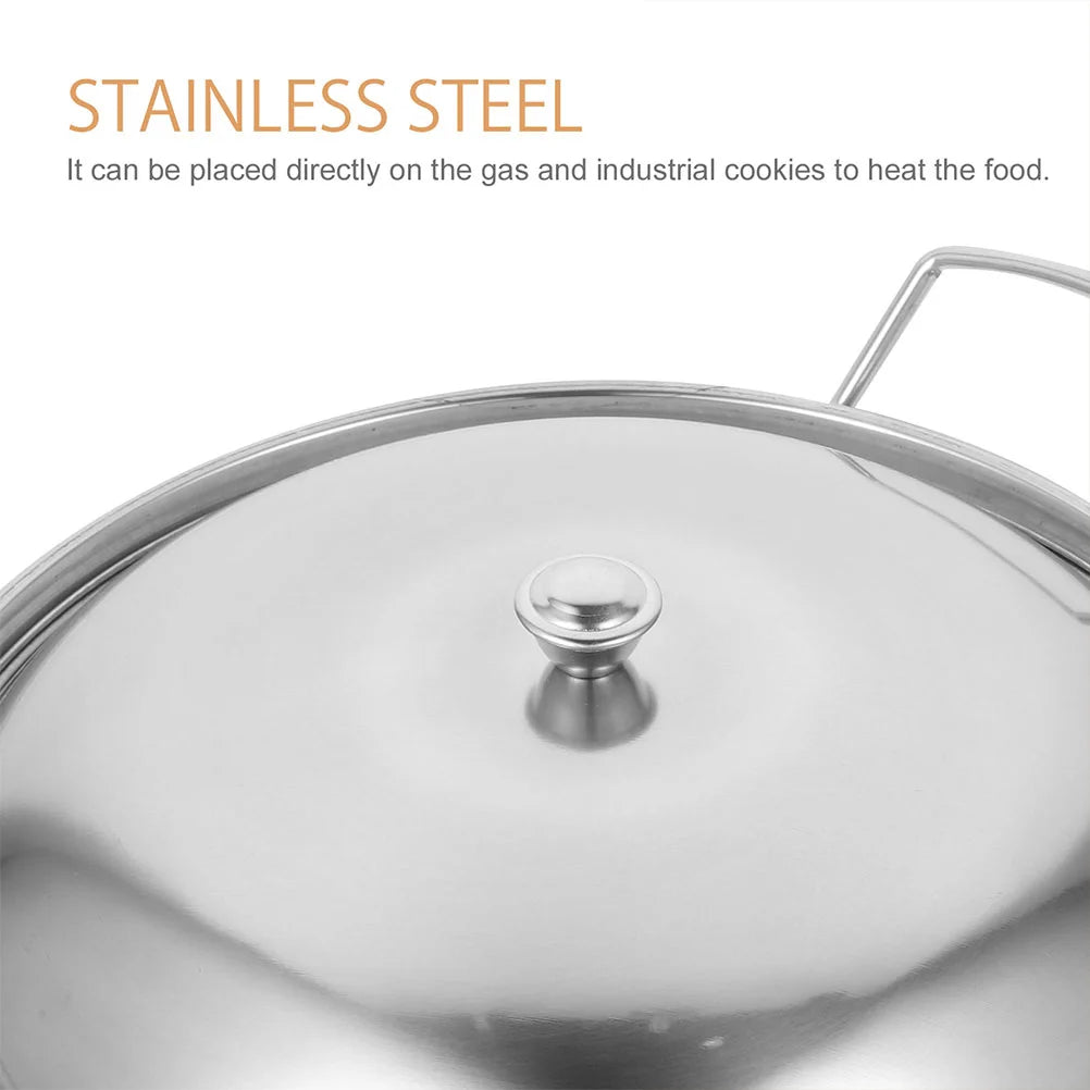 مقلاة ووك سميكة للغاية من الفولاذ المقاوم للصدأ مع غطاء ومقبض مزدوج وعاء ساخن للمطبخ أواني طهي للاستخدام اليومي لتناول الطعام وموقد من الفولاذ المقاوم للصدأ
