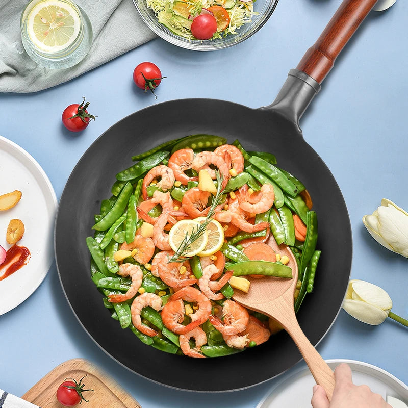 مقلاة كونكو عالية الجودة من الحديد غير المطلي، وعاء طهي للمطبخ، أدوات طهي يدوية الصنع بمطرقة ووك تعمل بالغاز