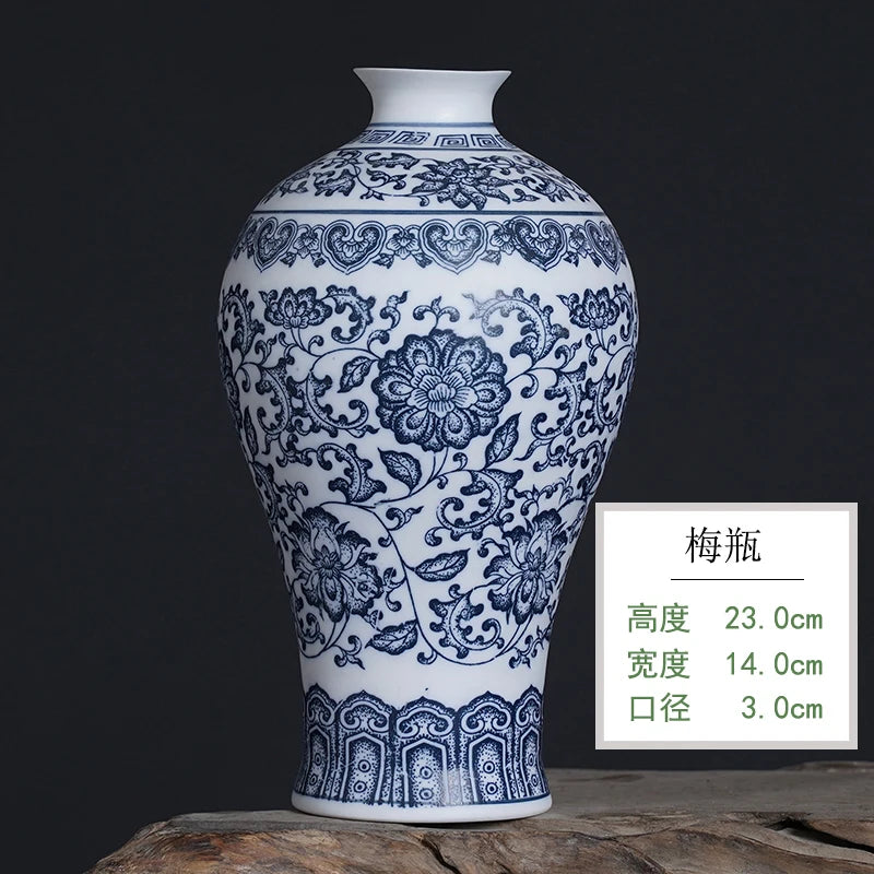 جينغدتشن - مزهريات زهور من البورسلين الأزرق والأبيض، مزهرية سيراميكية، تصميم لوتس متشابك، ديكور منزلي، جسم زجاجة غير لامع