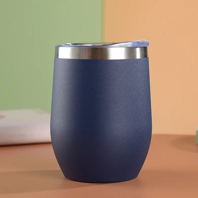 أكواب حرارية بيضاوية الشكل سعة 12 أونصة، أكواب نبيذ من الفولاذ المقاوم للصدأ 304، قوارير مفرغة مزدوجة الجدار، كوب قهوة معزول للاستخدام في المكتب والمنزل