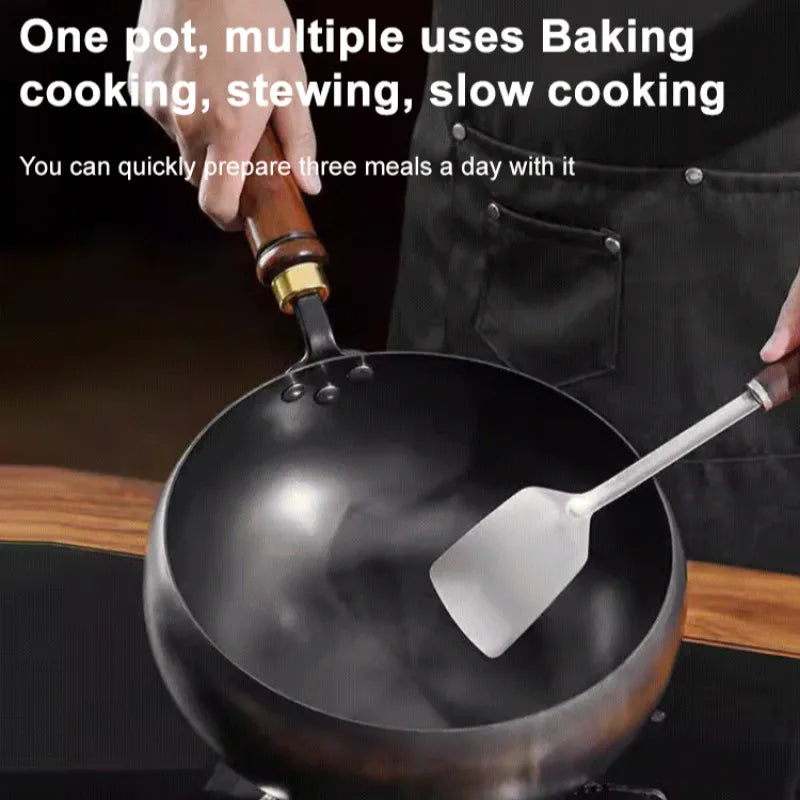 وعاء غير مطلي، وعاء كبير، مقلاة كبيرة غير لاصقة، مقلاة ووك صينية للطبخ، مقبض خشبي، مقلاة حديدية 24 سم، قاعدة مسطحة، غير مطلية