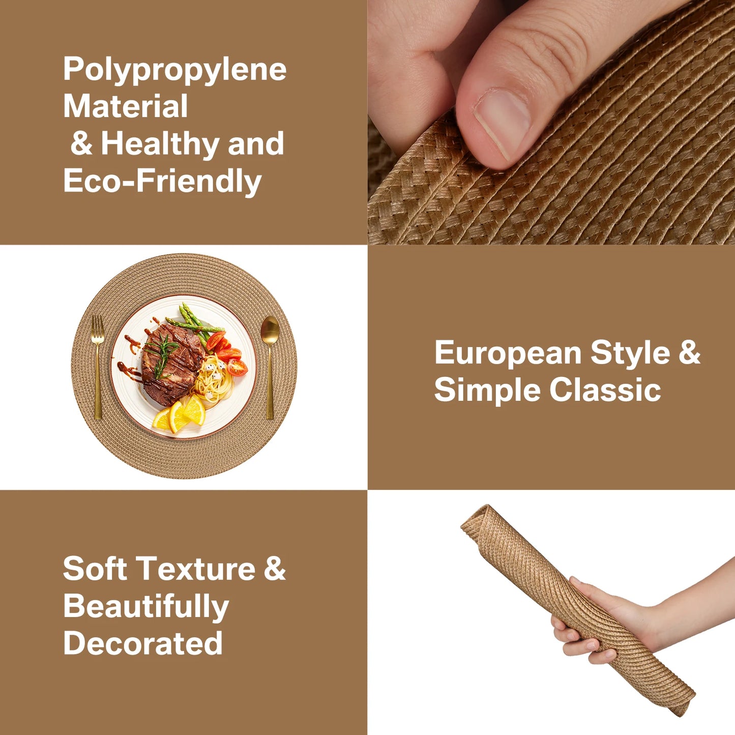 مجموعة من 6 مفارش طاولة مستديرة مضفرة مصنوعة من مادة البولي بروبيلين/البولي إيثيلين تيريفثالات، قابلة للغسل ومقاومة للحرارة، مقاس 34 سم، مناسبة للمطبخ وطاولة الطعام وحفلات عيد الميلاد