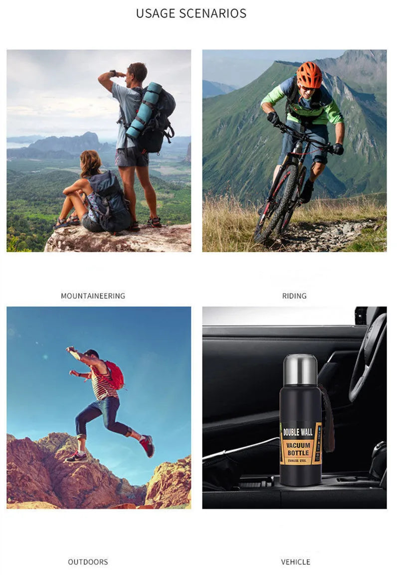 ترمس حراري من الفولاذ المقاوم للصدأ بسعة كبيرة 500/750/1000/1500 مل معزول بحبل وزجاجة حرارية محمولة مفرغة من الهواء