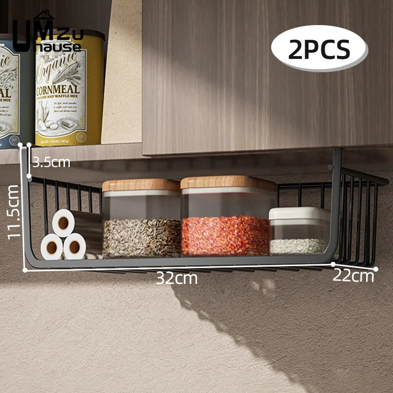 قطعتان من سلال التخزين المعلقة أسفل الخزانة بدون حفر، رف تخزين شبكي معدني، منظم للمطبخ والحمام، موفر قوي