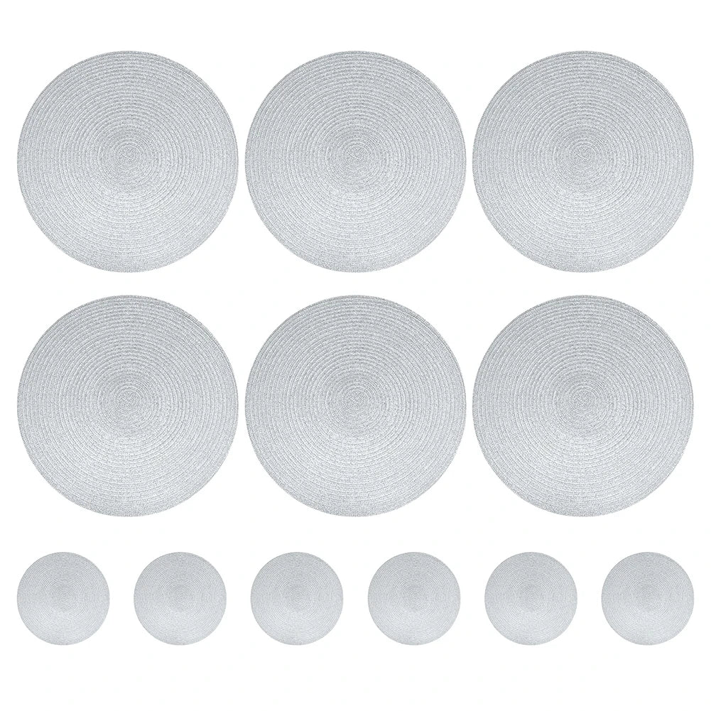 مجموعة من 6 مفارش طاولة مستديرة مضفرة مصنوعة من مادة البولي بروبيلين/البولي إيثيلين تيريفثالات، قابلة للغسل ومقاومة للحرارة، مقاس 34 سم، مناسبة للمطبخ وطاولة الطعام وحفلات عيد الميلاد