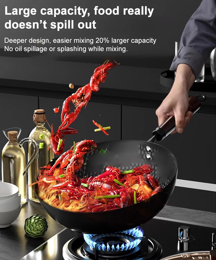 وعاء غير مطلي، وعاء كبير، مقلاة كبيرة غير لاصقة، مقلاة ووك صينية للطبخ، مقبض خشبي، مقلاة حديدية 24 سم، قاعدة مسطحة، غير مطلية
