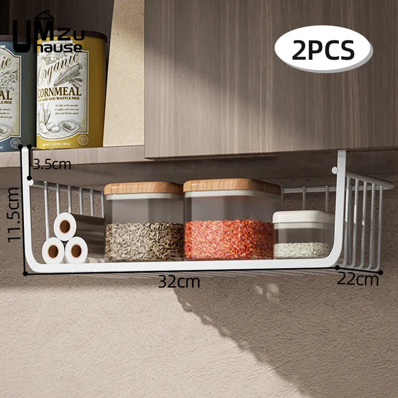 قطعتان من سلال التخزين المعلقة أسفل الخزانة بدون حفر، رف تخزين شبكي معدني، منظم للمطبخ والحمام، موفر قوي