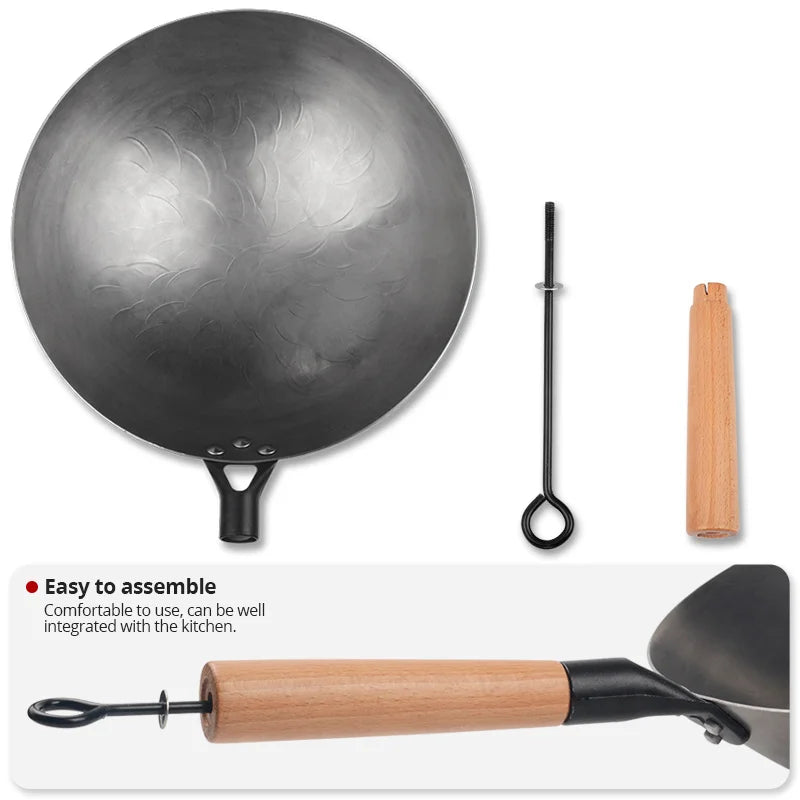 أواني طهي صينية مصنوعة يدويًا من الحديد غير مطلية ومقلاة ووك حديدية متينة وأواني طهي على شكل غاز