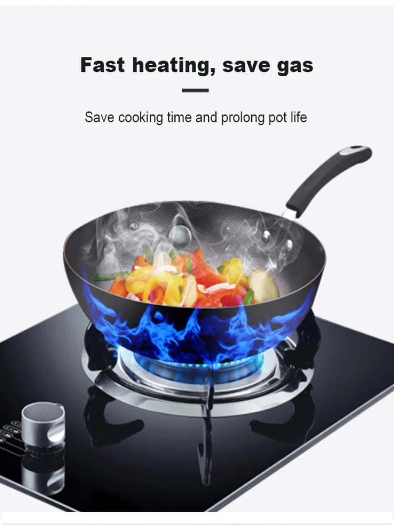 مقلاة منزلية محمولة بمقبض واحد غير مطلية سميكة مقلاة 34 سم قاع دائري من الفولاذ المقاوم للصدأ لا تصدأ ووك للغاز