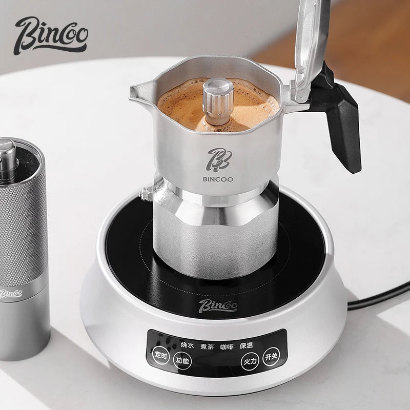 وعاء موكا بثلاث صمامات من Bincoo مصنوع من الفولاذ المقاوم للصدأ 316 وموقد كهربائي سيراميكي وقاعدة تسخين وأداة استخلاص الإسبريسو 220 فولت