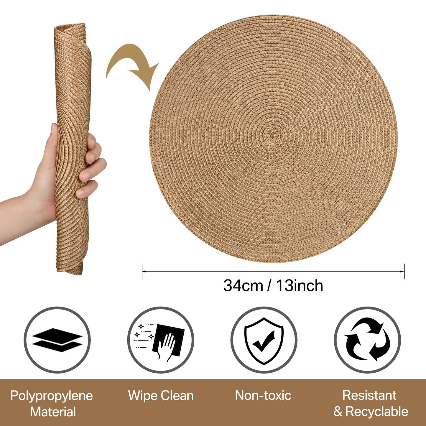 مجموعة من 6 مفارش طاولة مستديرة مضفرة مصنوعة من مادة البولي بروبيلين/البولي إيثيلين تيريفثالات، قابلة للغسل ومقاومة للحرارة، مقاس 34 سم، مناسبة للمطبخ وطاولة الطعام وحفلات عيد الميلاد