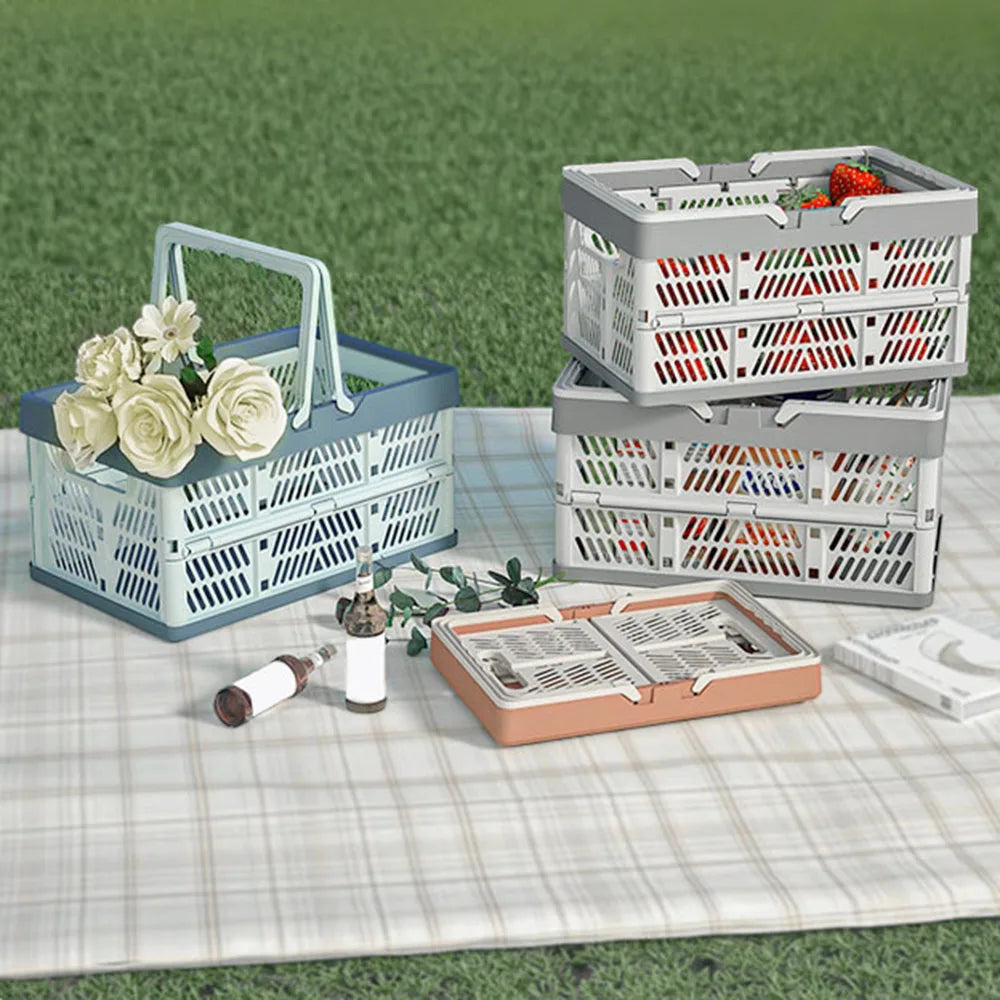 سلة قابلة للطي للنزهات الخارجية المحمولة مع مقبض للتخييم، صندوق تخزين بلاستيكي قابل للطي، سلة تسوق كبيرة للسوبر ماركت