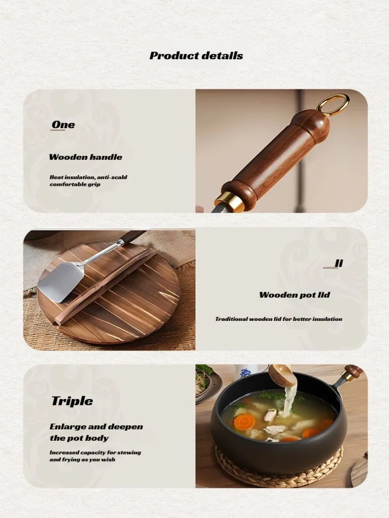 مقلاة ووك حديدية صغيرة منزلية متعددة الأغراض غير لاصقة مصنوعة يدويًا من الحديد النقي مع غطاء مقلاة غير مطلية ووك كبير البطن