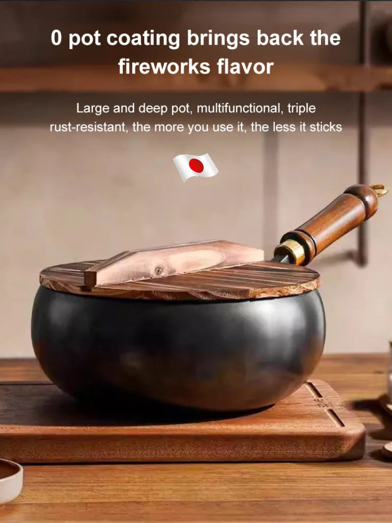 وعاء غير مطلي، وعاء كبير، مقلاة كبيرة غير لاصقة، مقلاة ووك صينية للطبخ، مقبض خشبي، مقلاة حديدية 24 سم، قاعدة مسطحة، غير مطلية