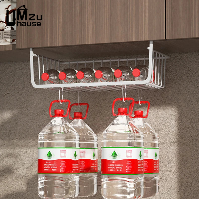 قطعتان من سلال التخزين المعلقة أسفل الخزانة بدون حفر، رف تخزين شبكي معدني، منظم للمطبخ والحمام، موفر قوي