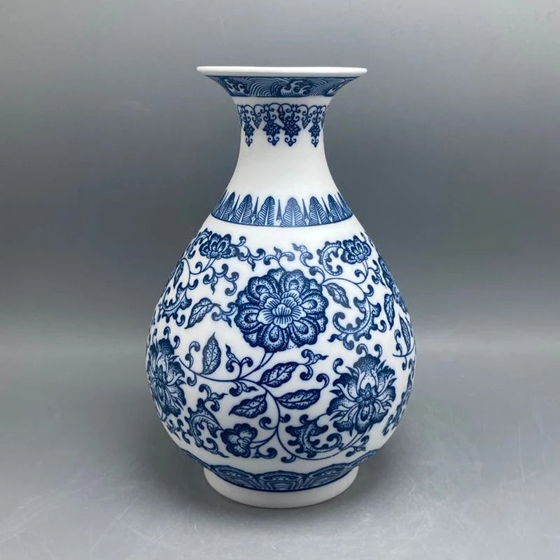 جينغدتشن - مزهريات زهور من البورسلين الأزرق والأبيض، مزهرية سيراميكية، تصميم لوتس متشابك، ديكور منزلي، جسم زجاجة غير لامع