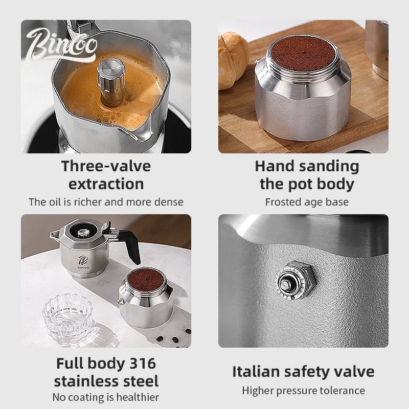 وعاء موكا بثلاث صمامات من Bincoo مصنوع من الفولاذ المقاوم للصدأ 316 وموقد كهربائي سيراميكي وقاعدة تسخين وأداة استخلاص الإسبريسو 220 فولت