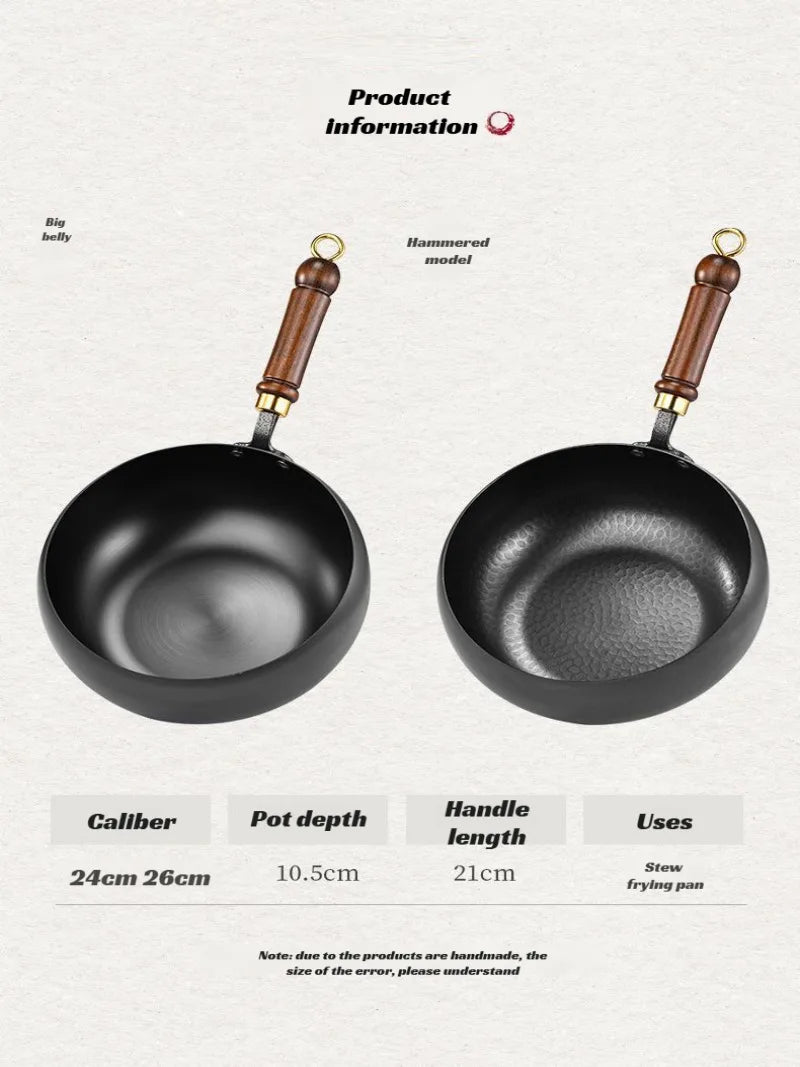 مقلاة ووك حديدية صغيرة منزلية متعددة الأغراض غير لاصقة مصنوعة يدويًا من الحديد النقي مع غطاء مقلاة غير مطلية ووك كبير البطن