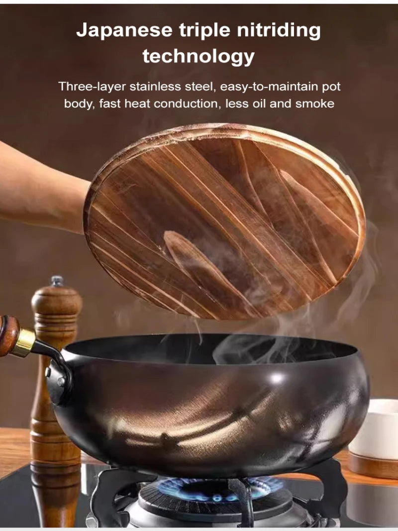 وعاء غير مطلي، وعاء كبير، مقلاة كبيرة غير لاصقة، مقلاة ووك صينية للطبخ، مقبض خشبي، مقلاة حديدية 24 سم، قاعدة مسطحة، غير مطلية