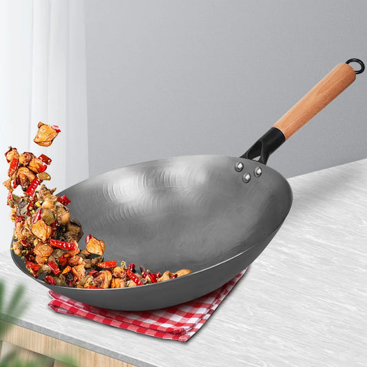 أواني طهي صينية مصنوعة يدويًا من الحديد غير مطلية ومقلاة ووك حديدية متينة وأواني طهي على شكل غاز