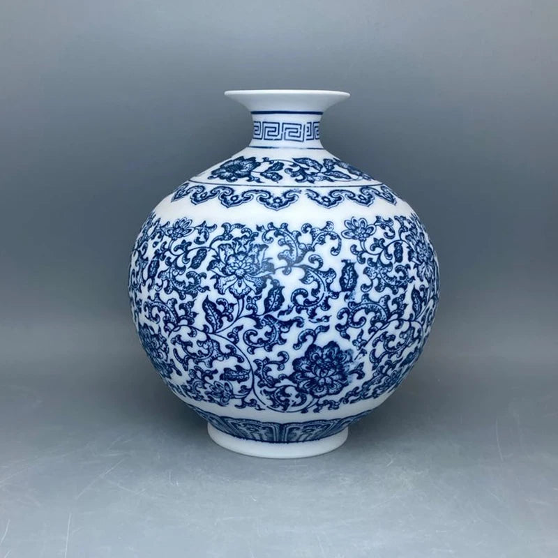 جينغدتشن - مزهريات زهور من البورسلين الأزرق والأبيض، مزهرية سيراميكية، تصميم لوتس متشابك، ديكور منزلي، جسم زجاجة غير لامع