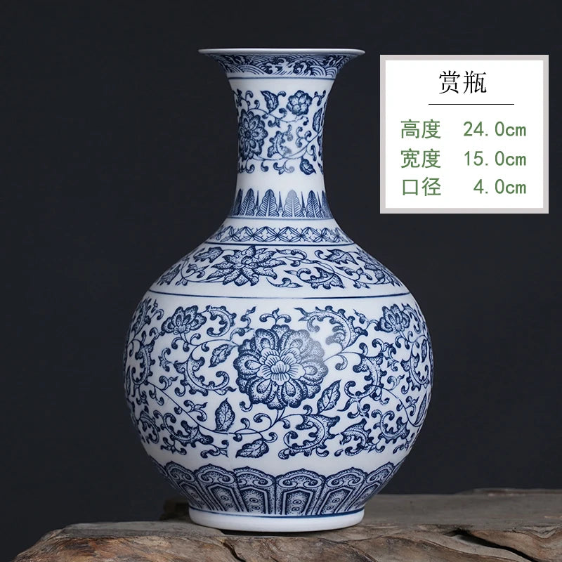 جينغدتشن - مزهريات زهور من البورسلين الأزرق والأبيض، مزهرية سيراميكية، تصميم لوتس متشابك، ديكور منزلي، جسم زجاجة غير لامع