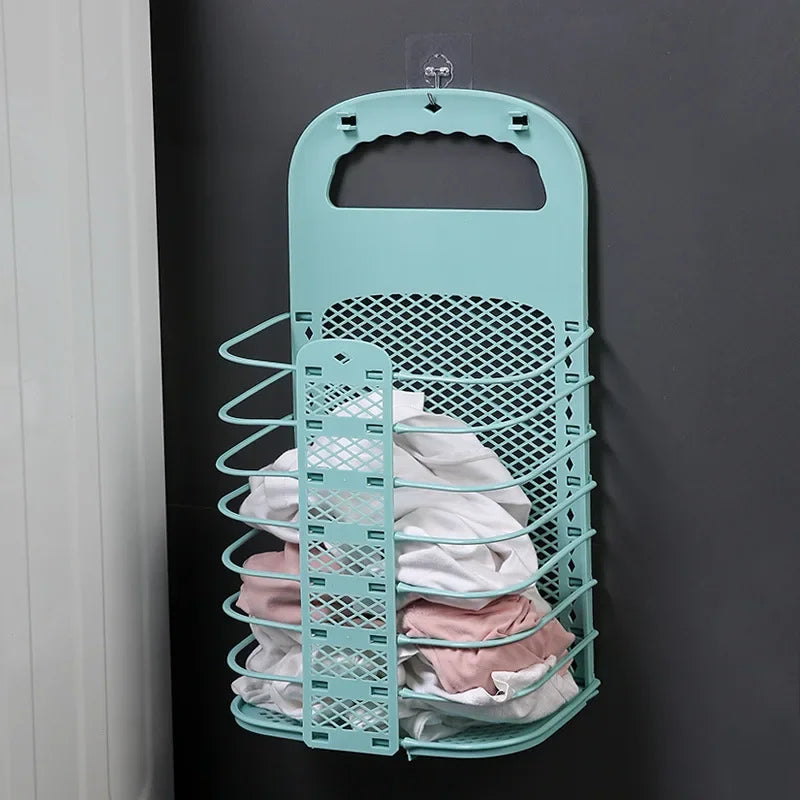 سلة تخزين بلاستيكية قابلة للطي للملابس المتسخة، سلة غسيل منزلية غير مثقبة مثبتة على الحائط للحمام، سلة ملابس