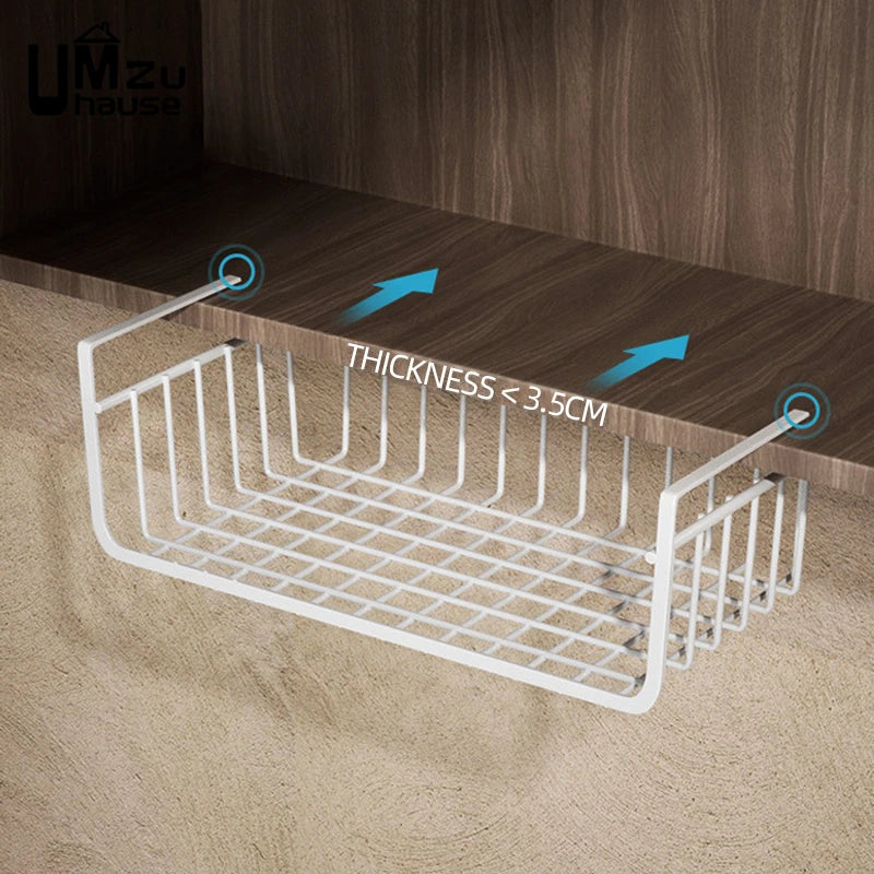 قطعتان من سلال التخزين المعلقة أسفل الخزانة بدون حفر، رف تخزين شبكي معدني، منظم للمطبخ والحمام، موفر قوي